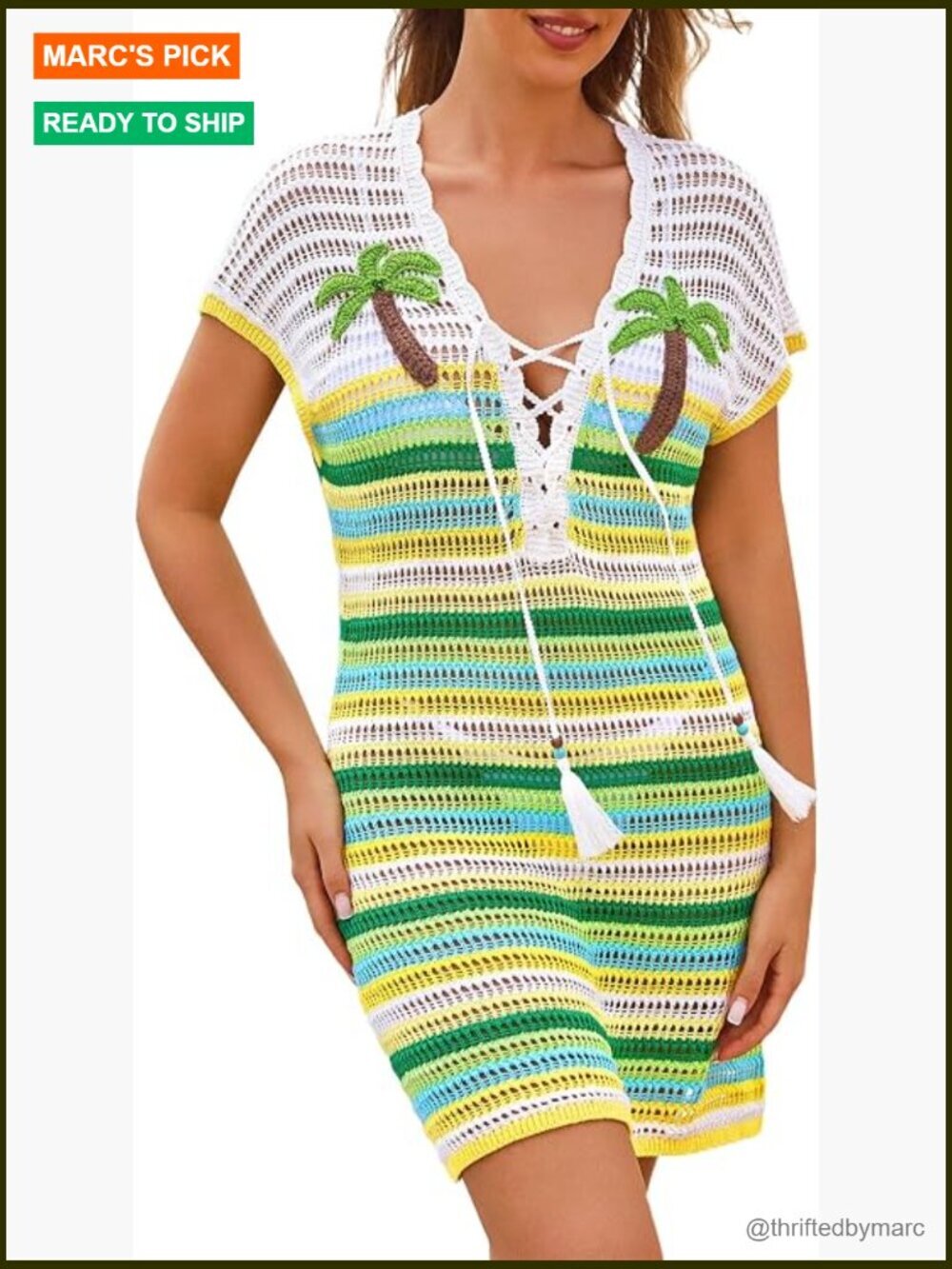Crochet Beach Cover Up Striped Knit Swimsuit Coverup Deep V Lace-Up Dress